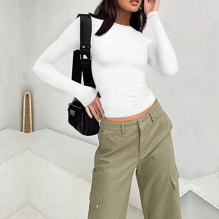 Women Clothing Solid Color Simple T shirt Autumn Winter Wild Office Slim Fit Underwear Long Sleeved Top