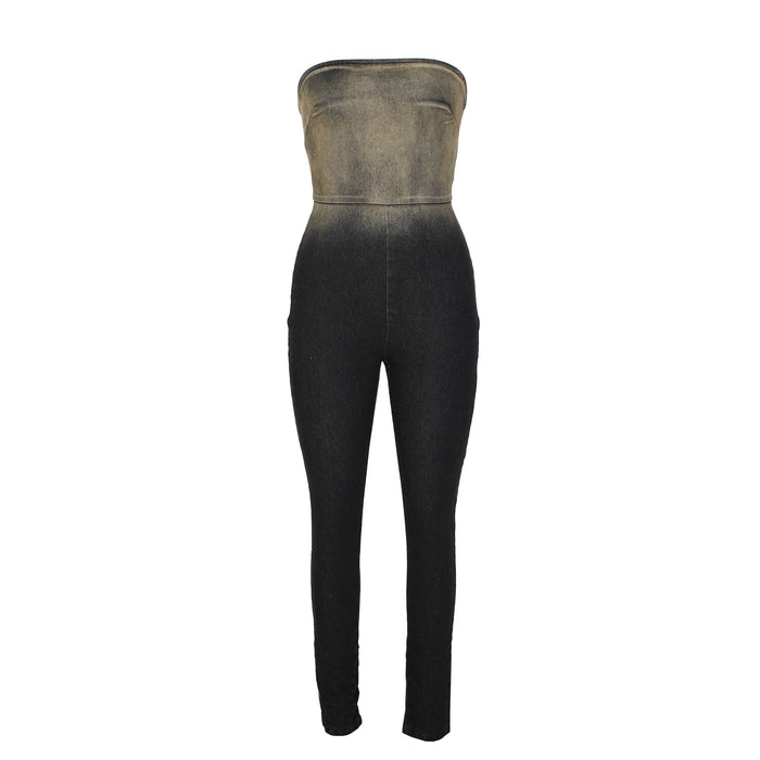 Women Clothing Sexy Tube Top Gradient Tight Stretch Denim Jumpsuit