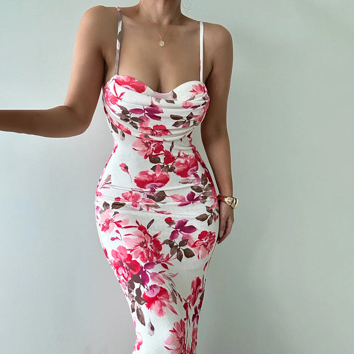 Fashionable Printed Collar Sling Dress Summer Slim Fit Figure Flattering Maxi Dress