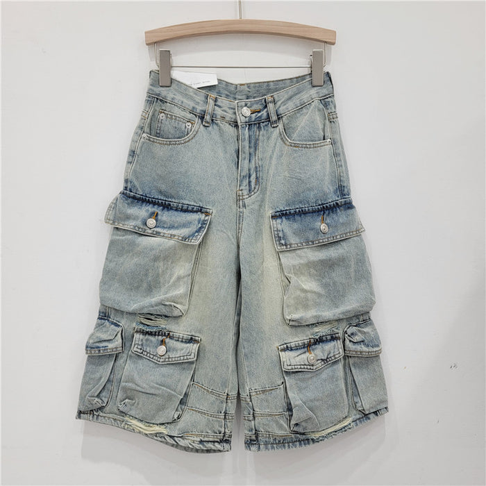 Multi Pocket Denim Shorts Brand Faux Leather Shuai Mei Retro Washed Distressed Tooling Loose Casual Cropped Trousers