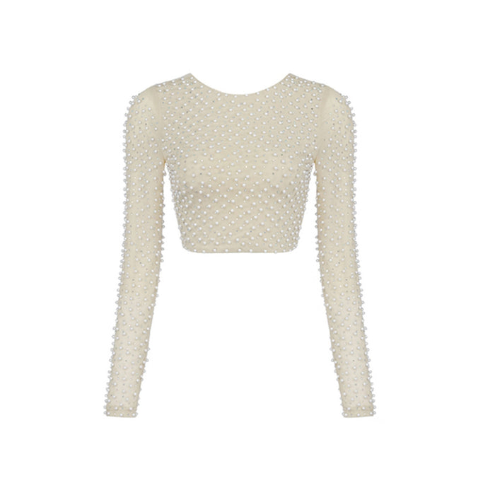 Spring Autumn Pullover Round Collar Gauze Sexy Women Clothing Bead Long Sleeve Slim Fit Short Cropped Top Women