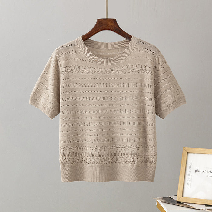 Spring Summer Korean Round Neck Pullover Hollow Out Cutout Design Breathable Air Conditioning Short Sleeve T shirt Knitwear Women