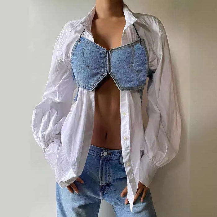 Sexy Spring Summer Special Interest Design Sleeveless Denim Bandeau Sling Street Blue Vest