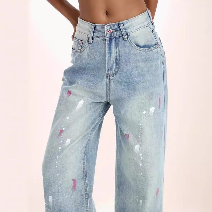 Distressed Retro Light Colored Wide Leg Jeans Women High Waist Slimming Splash Ink Design Draggle Tail Straight Trousers