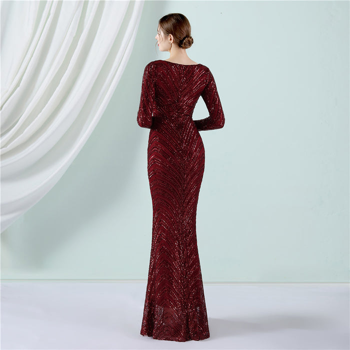 Positioning Floral Sequin Evening Dress Women Banquet Elegant Long Sleeve Sequined Queen Fishtail Dress