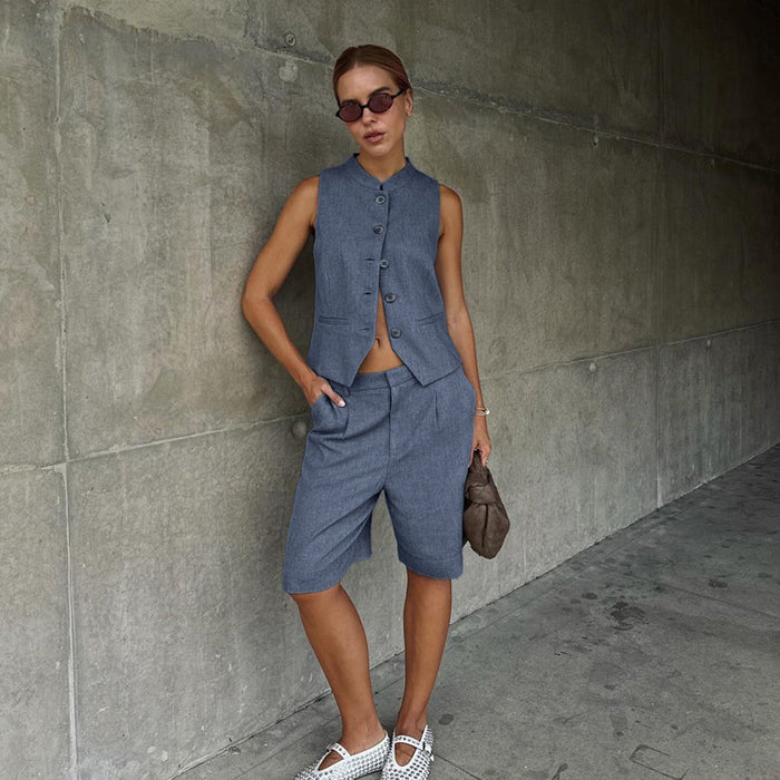 All Match Women Clothing Two Piece Summer Neutral Minimalist Blue Sleeveless Waistcoat Vest Set