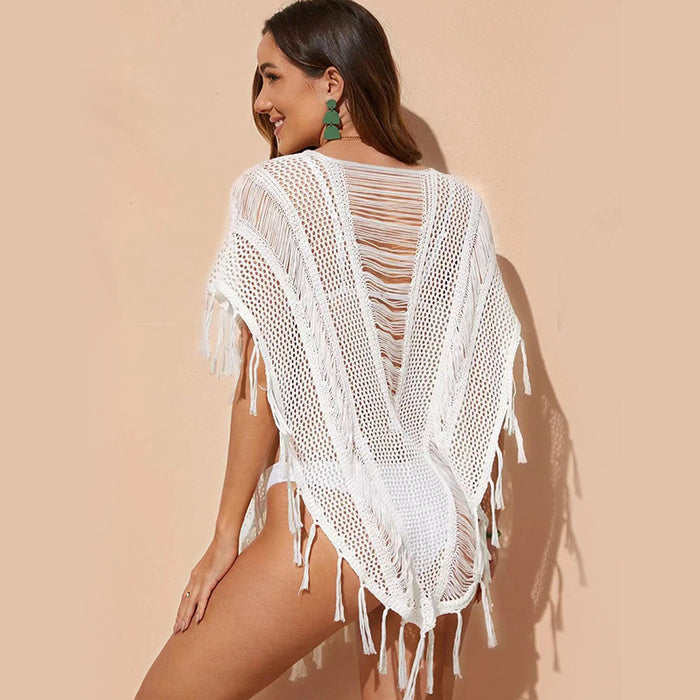 Women Summer Beach Dress Women Solid Color Sexy Knitted Hollow Out Cutout Beach Bikini Swimsuit Blouse Sun-Protective Clothing Fringe