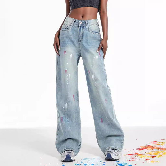 Distressed Retro Light Colored Wide Leg Jeans Women High Waist Slimming Splash Ink Design Draggle Tail Straight Trousers