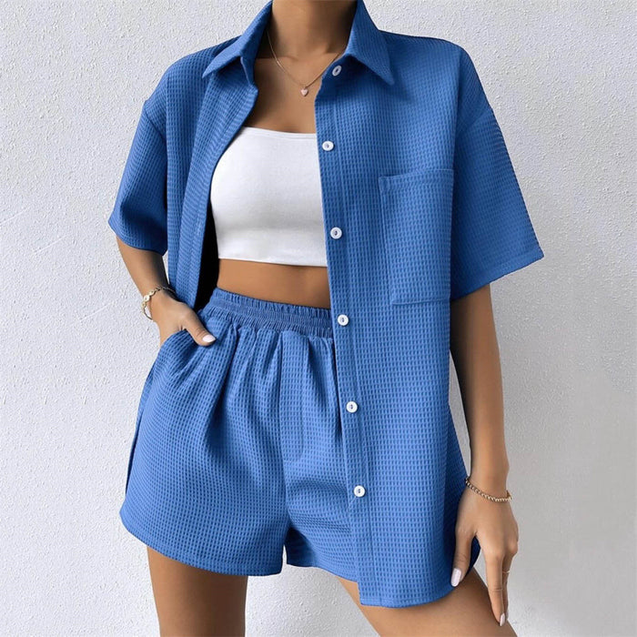 Summer Suit Women Women Loose Casual Short Sleeved Shirt Elastic Waist Shorts Two Piece Set Women