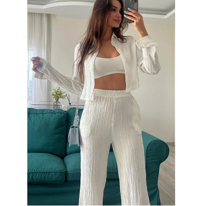 Women Clothing Embossed Short Personalized Shirt High Waist Wide Leg Elastic Pants Two Piece Set