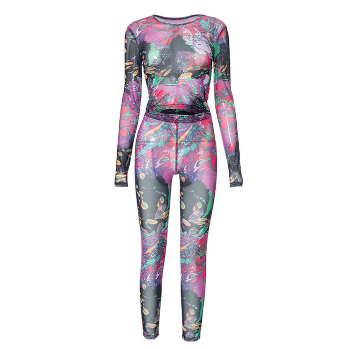 Women Clothing Summer Mesh Printed Round Neck Long Sleeve Top High Waist Trousers Casual Suit