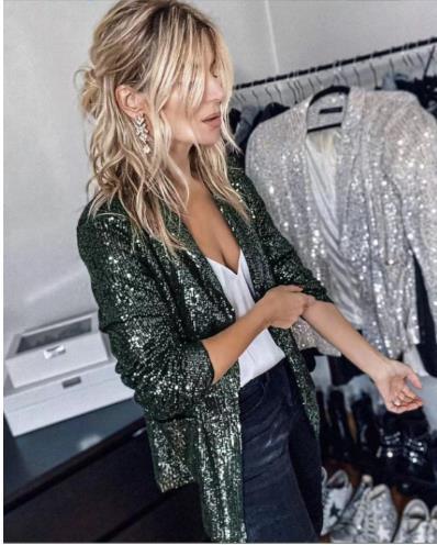 Casual Big Sequin Top Sequined Long Sleeve Office Collared Elegant Small Blazer