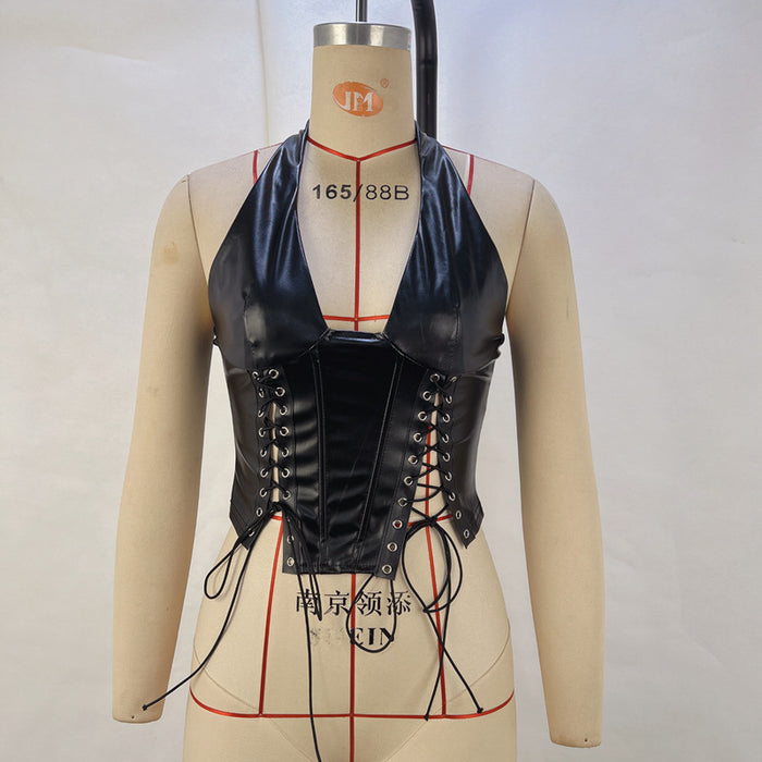 Women Clothing Faux Leather Halter Sexy Lace up Tight Waist Vest Women Clothing