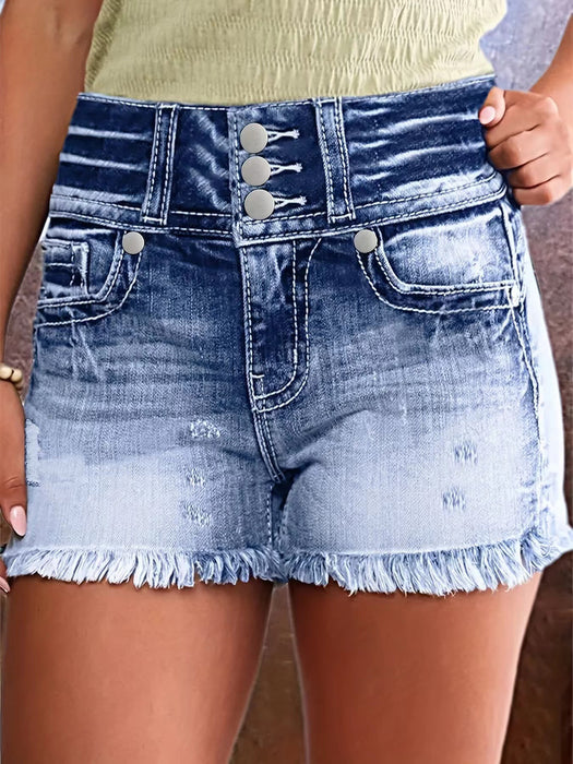 Fashionable Frayed Hem Washed Denim Shorts Women Pants