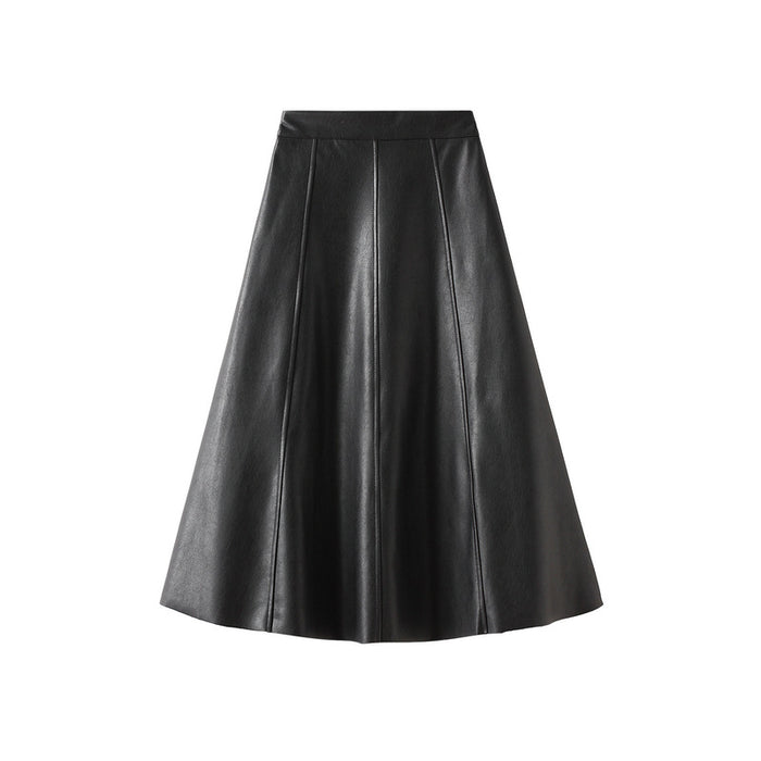 Retro Hong Kong Leather Skirt Skirt Women Autumn Winter High Waist Mid-Length A- line Sheath Umbrella Skirt