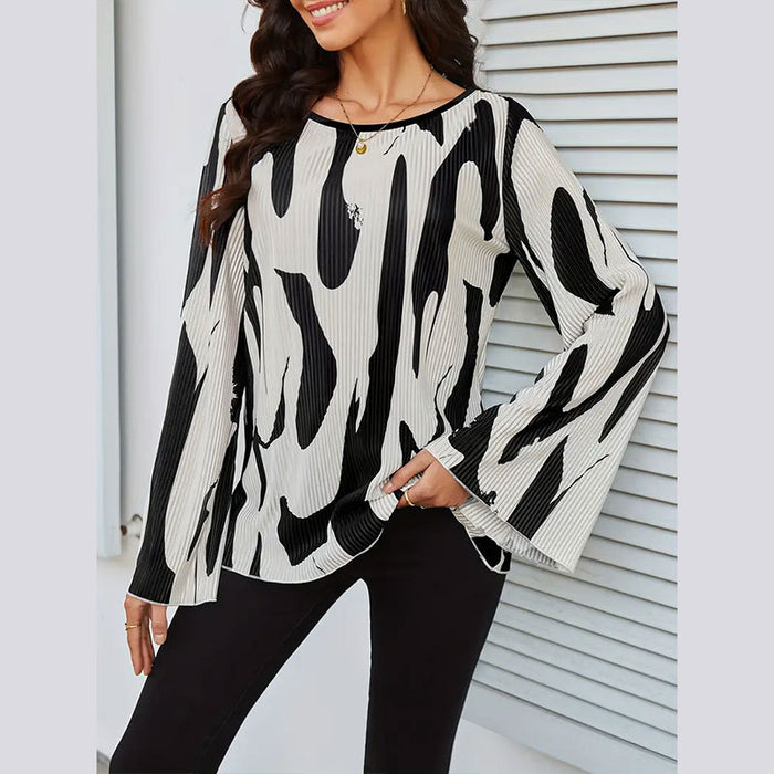 Pleated Printed Flared Sleeves Long Sleeves Top Women Loose Round Neck T shirt Women Summer