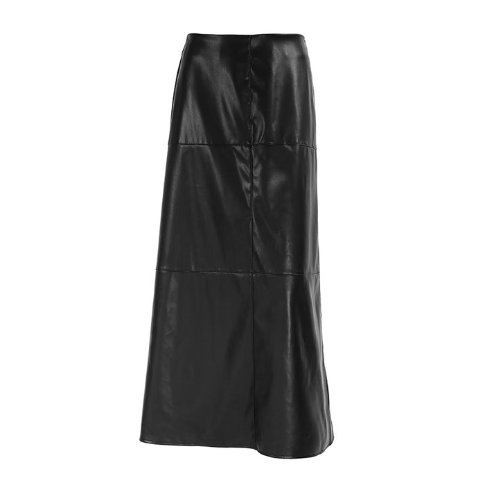 Retro Minimalist High Waist A Hem Fleece-lined Leather Skirt Split Faux Leather Skirt Autumn Winter Maxi Women