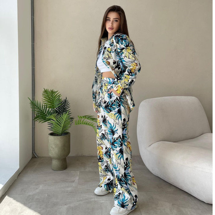 Printed Loose Top High Waist Wide Leg Pants Women Casual Sets