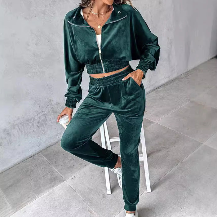 Autumn Winter Women Casual Set Pleuche Long Sleeve Trousers Two Piece Set