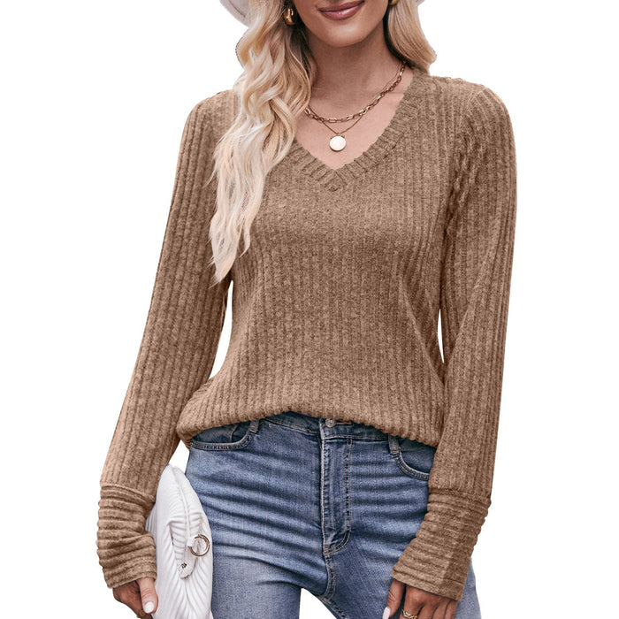 Women Long-Sleeved T-shirt Brushed Sunken Stripe V-neck Solid Color Top