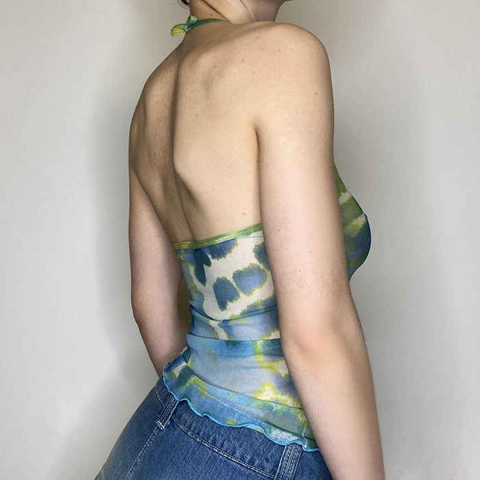 Niche Green Blooming Abstract Printing See Through Bare Back Sexy Suspenders Lace Vacation Halterneck Vest