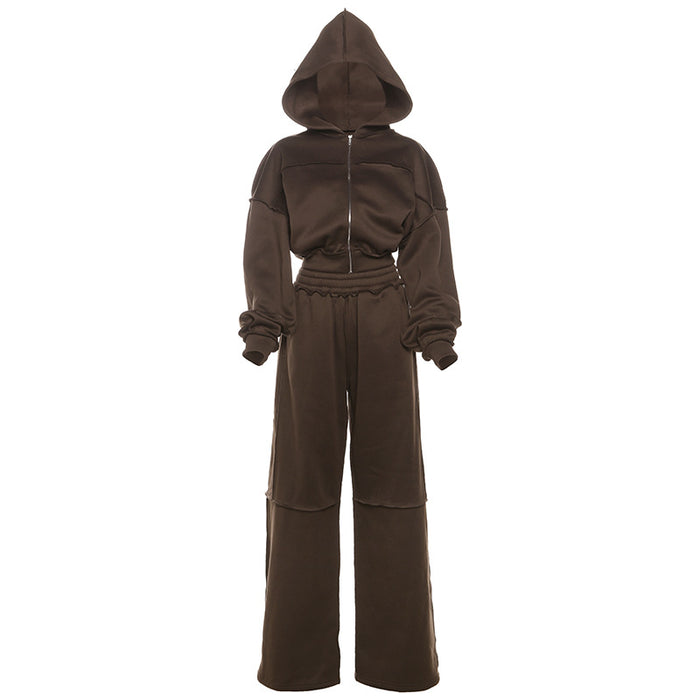 Autumn Winter Women Hooded Long Sleeved Zipper Coat Casual Loose Trousers Suit Women