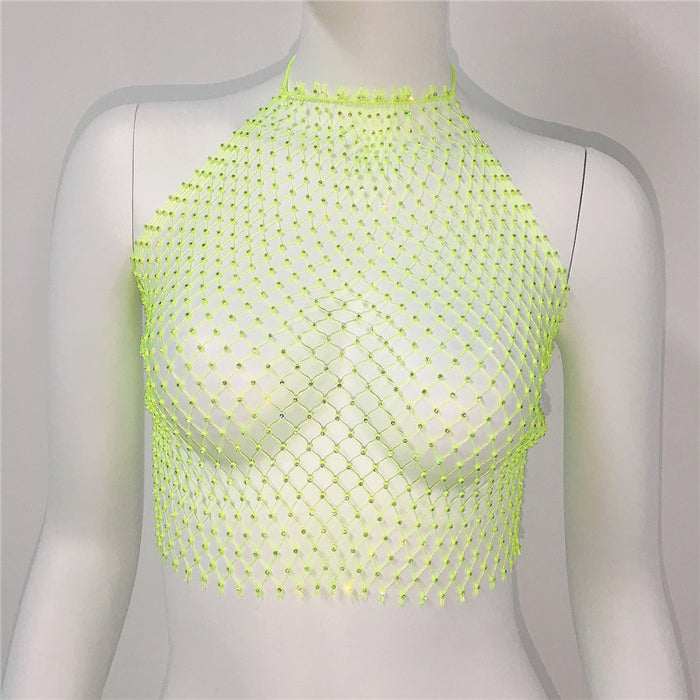 Women Clothing Grid Rhinestone Fishnet Halter Spaghetti Straps Sexy Cutout Sexy Sling Women