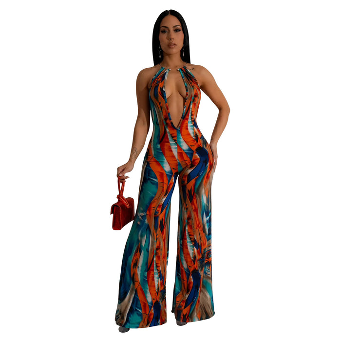 Women Wear Print Sleeveless Deep V Plunge Color Block Backless Long Conjoined Trousers