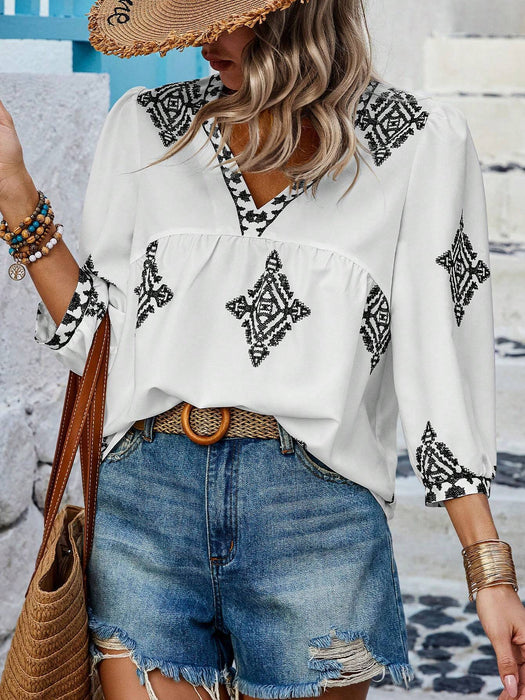 Women Clothing Summer Printed Bags Three Quarter Sleeve V neck Women Top