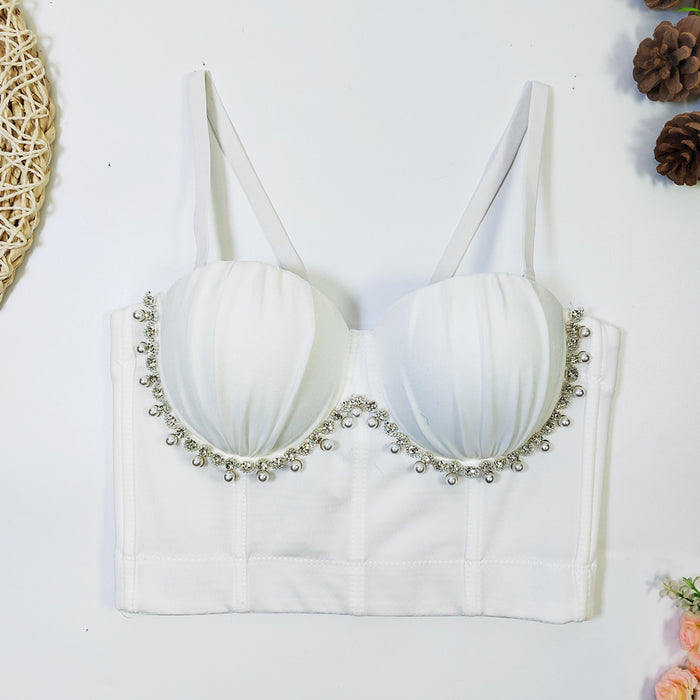 Fashionable All Match Pearl Drill Chain Boning Corset Bra Outer Wear With Steel Ring Comfortable Back Shaping Pleated Carnival Tube Top