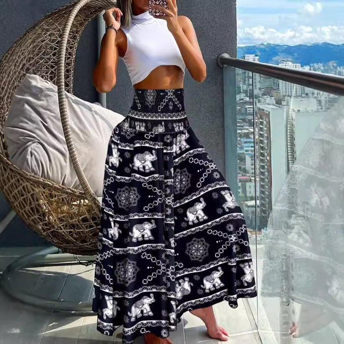 Women Clothing Printed Waist-Controlled Casual Trousers Wide Leg Pants