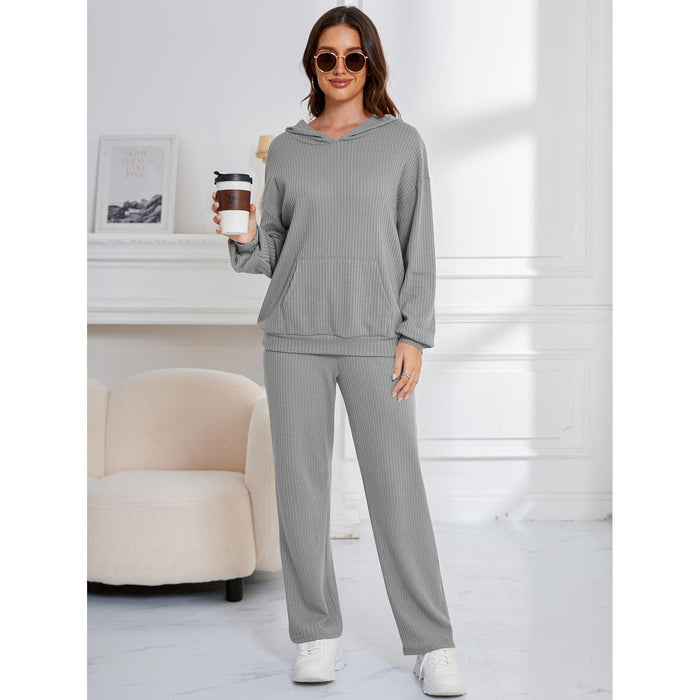 Hooded Casual Suit Women Pajamas Waffle Loose Long Sleeved Trousers Two Piece Home Wear