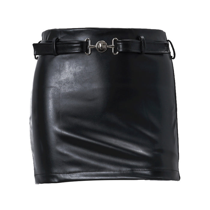 Winter Women Clothing Sexy Retro Faux Leather Metal Decorative Stitching Skirt