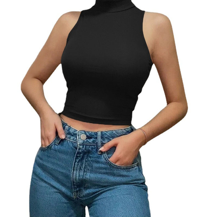 Summer New Skinny Short Sleeveless Cotton T-shirt Women Yoga Sports Inner Half-High Collar Vest