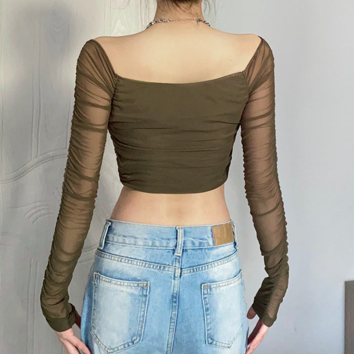 Spring Sexy Pleated Mesh See through Long Sleeved T shirt Top for Women