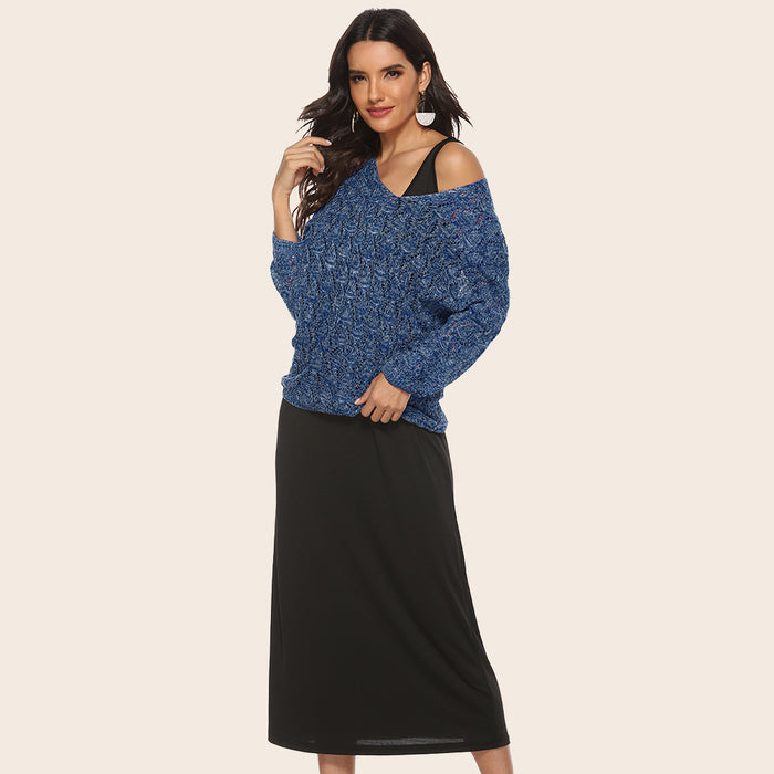 Spring Autumn Women Clothing V-neck Batwing Sleeve Pullover Long Sleeve Knitwear Skirt Set