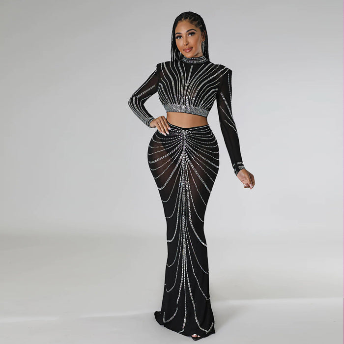 Women Clothing See through Rhinestone Evening Dress Sexy Night Club Two Piece Set