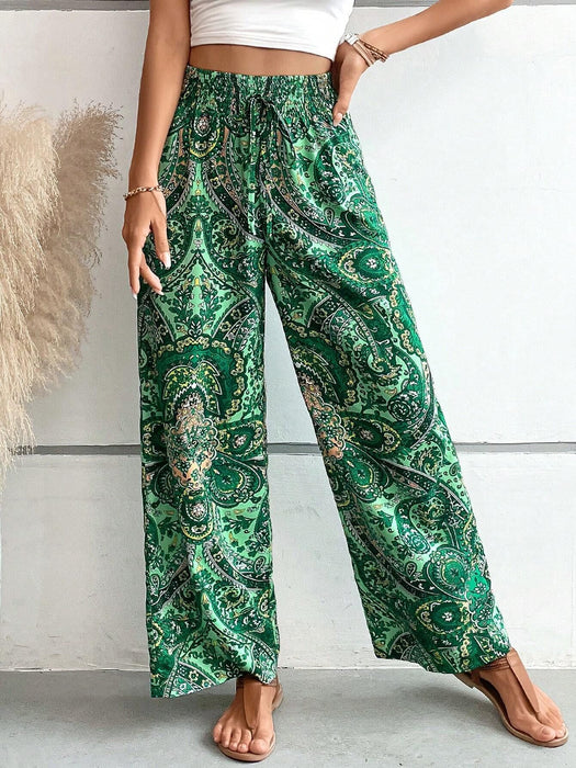 Women Clothing Summer All Match Printed Elastic Waist Wide Leg Pants