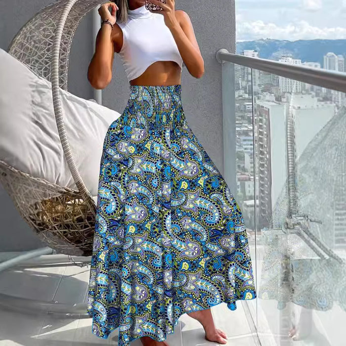 Women Clothing Printed Waist-Controlled Casual Trousers Wide Leg Pants