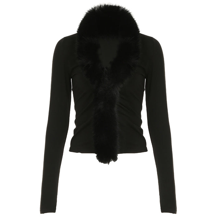 Women Clothing Elegant Lady Fur Collar Stitching Black Slimming Top Sexy Long Sleeve Bottoming Sweater