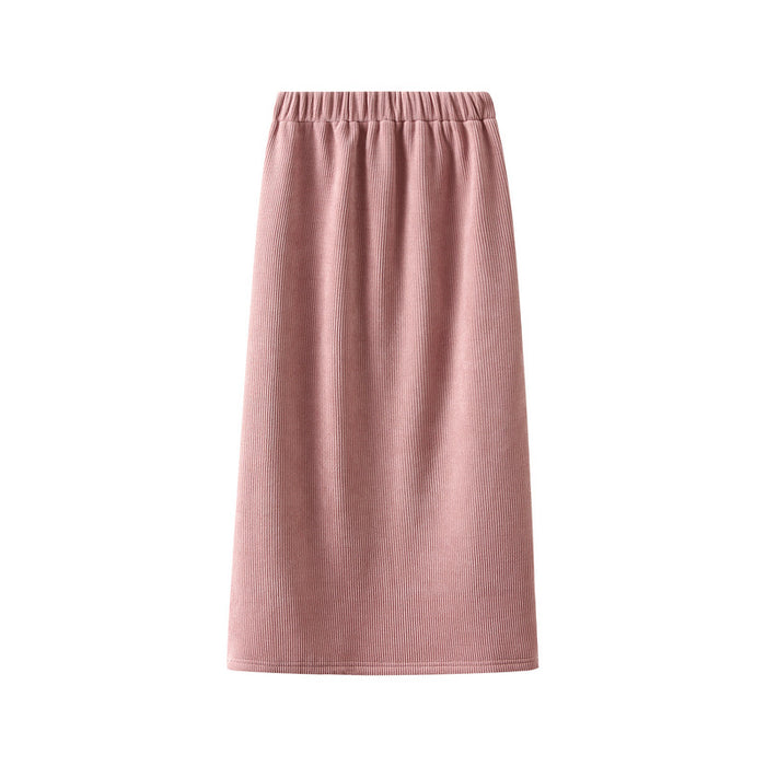 Autumn Winter Corduroy Fleece lined Elastic High Waist Skirt Women Slimming A line Straight Slit Sheath Skirt Long Skirt