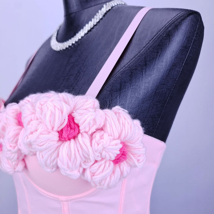 Pink Sweet Girl Knitted Outer Bra Crocheted Floral Inner Wear with Coaster Boning Corset Bra Bra Small Sling