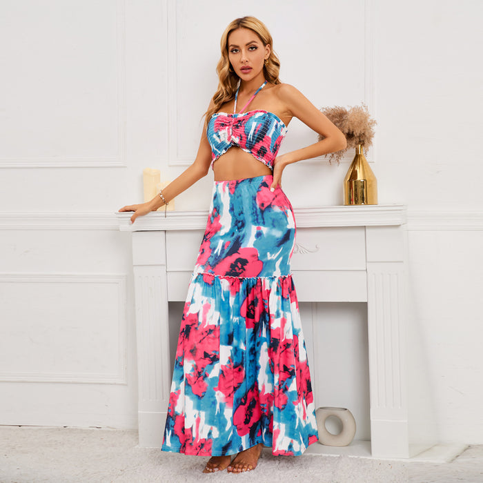 Sexy Bohemian Printed Dress Smocking Halter Top Sheath Fishtail Dress Two Piece Set Women Clothing