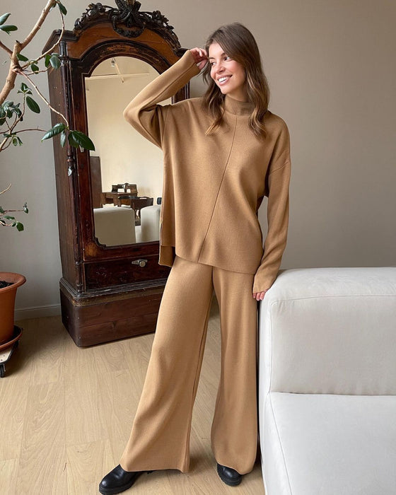 Autumn Winter Long Sleeve Loose Casual Sweater Knitted Top Trousers Set