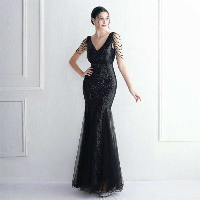 Sequin Mesh Craft Beaded Party Dress Long Cocktail Slim Fit Evening Dress Elegant Long