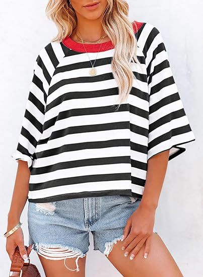 Women Summer Striped T shirt Short Sleeve Color Matching Design Loose Basic T shirt Top