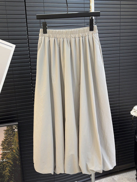 Solid Color Puffy Elastic Waist High Waist Skirt Women Summer Slimming Mid Length Pocket A line Skirt