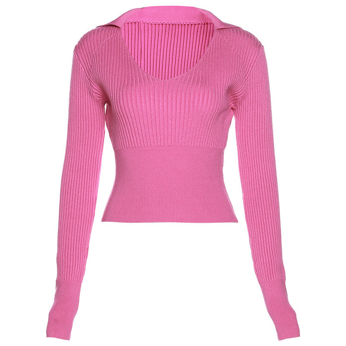 Winter Trend Women Long Sleeve Polo Collar Solid Color Slim Fit Cropped Knitted Top