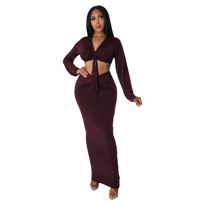 Hooded Cropped Top Sexy High Waist One Step Skirt Two Piece Set