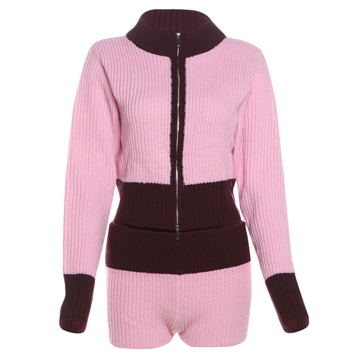 Autumn Winter Women Knitted Cool Contrast Color Stand Collar Zipper Jacket High Waist Slim Shorts Suit